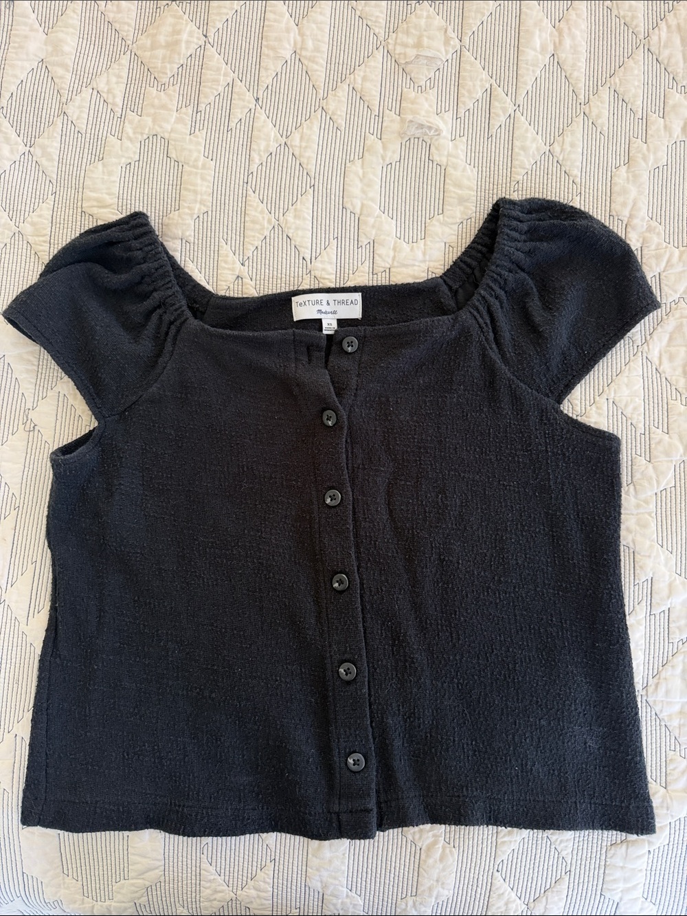 Madewell Black Button-Front Short Sleeve Square-Neck Top